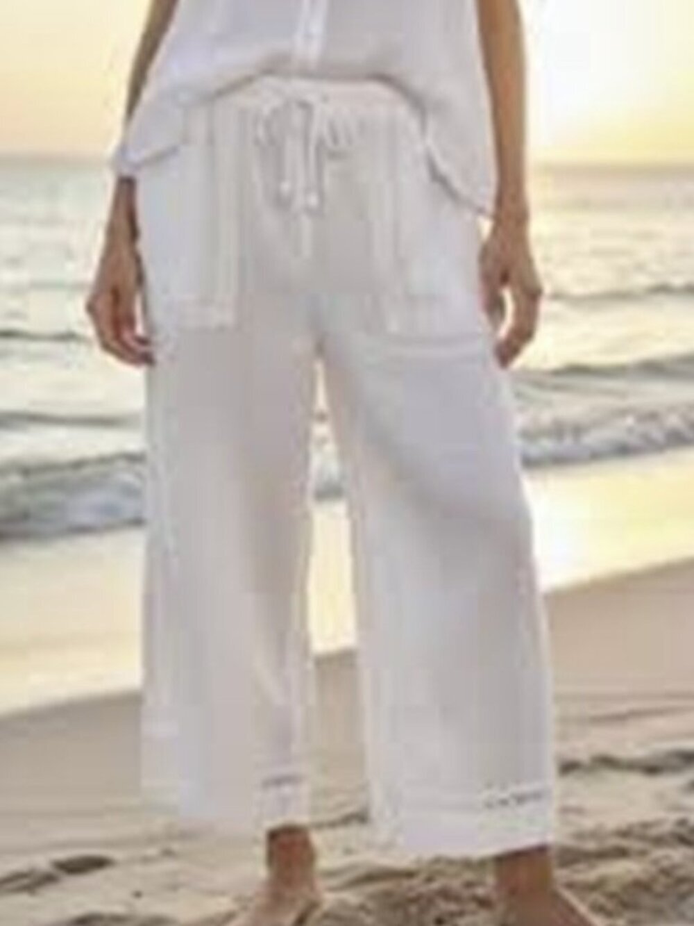 Joie White 100% Linen Wide Leg Coastal Boho Cropped Drawstring Pants New Size XL
